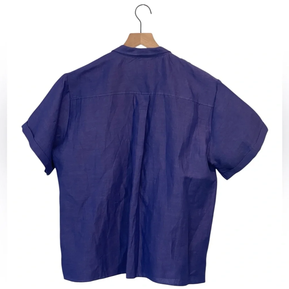 Maeve Linen Blend Short Sleeve Button-Down Shirt - Violet Blue, Anthropologie, L - Picture 3 of 16